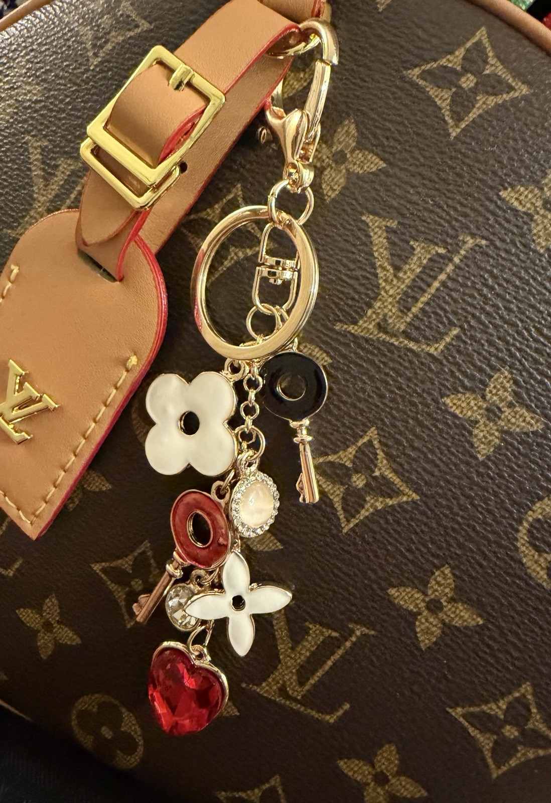 Luxury-Inspired Gold Tone Bag Charm Keychain Red Heart Floral Pendant