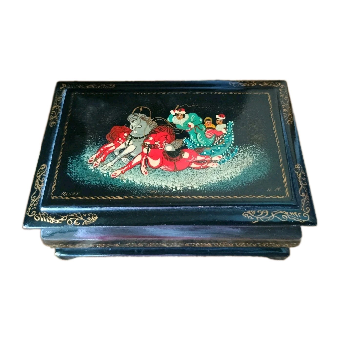 Vintage Russian Palekh Lacquer Box Hand Painted Troika Sleigh Signed H.M.