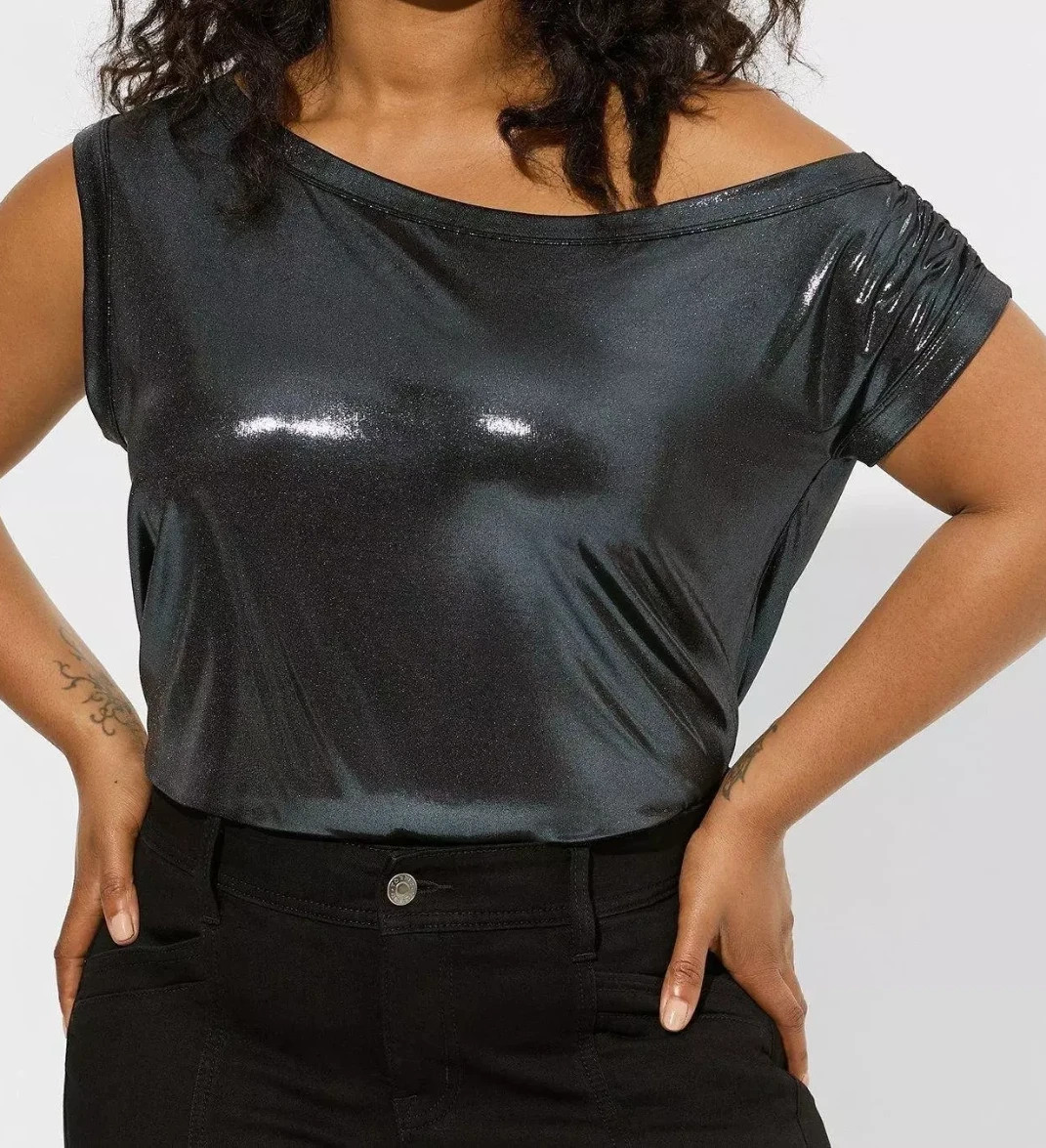 Womens Torrid Liquid Shine Off Shoulder Top Stunning Silver Blue Size 5X NWT Womens Torrid Liquid Shine Off Shoulder Top Stunning Silver Blue Size 5X NWT