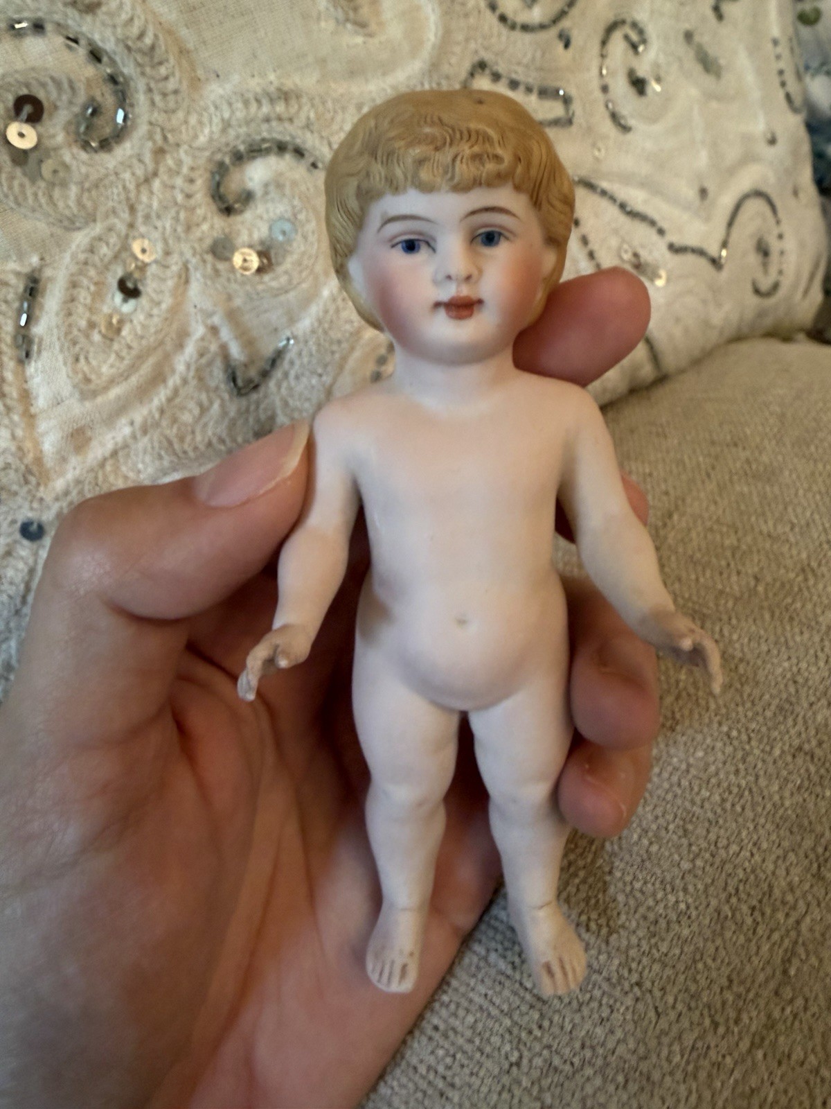 Antique 6.25” Bisque Frozen Charlie Doll Painted Eyes Molded Blond Hair