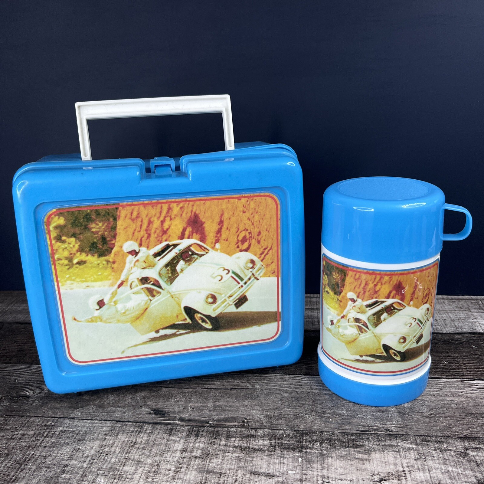 Vintage Herbie The Love Bug Volkswagen Blue Plastic Lunchbox w/ Thermos RARE