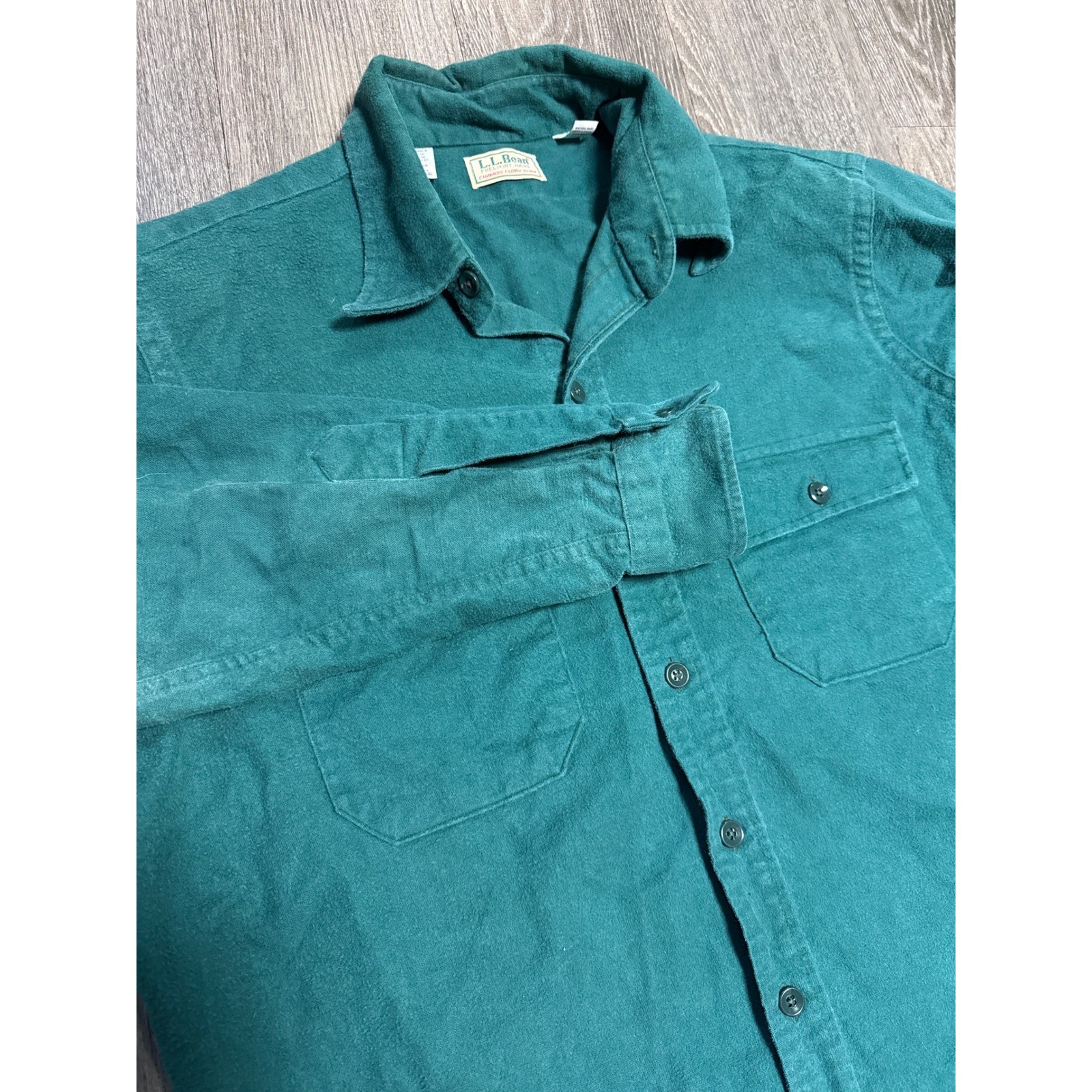 Vintage LL Bean Chamois Cloth Shirt Mens 16.5 L Teal Green Cotton Made in USA