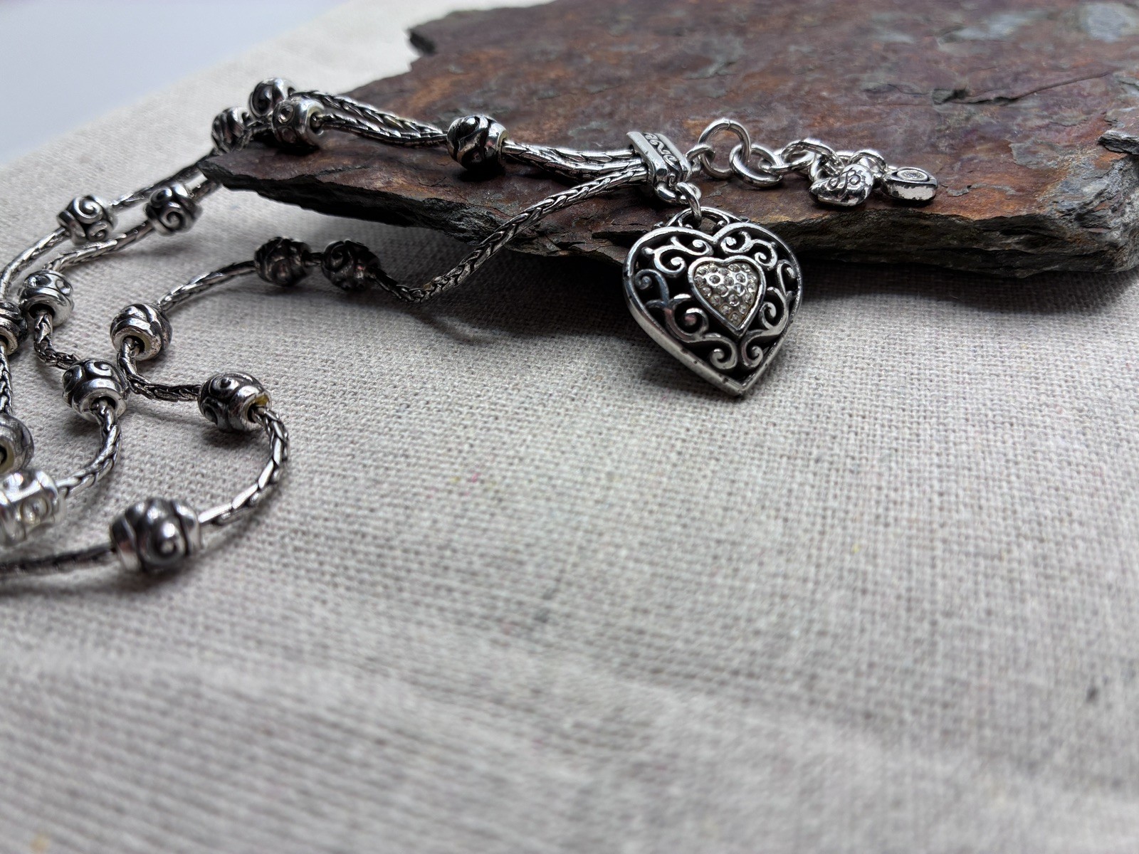 Brighton Reno Heart Multi Strand Silver Plated Charm Bracelet 7.75\