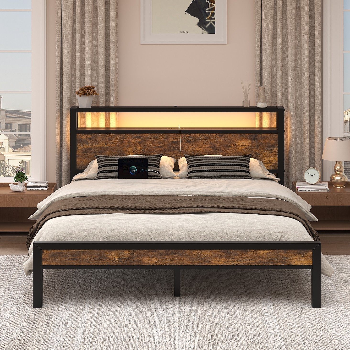 Bed Fame Full/Queen/King with Wooden Storage Headboard and Charging Station