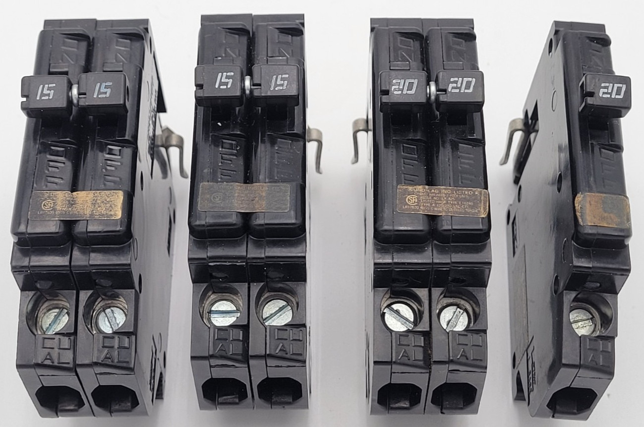 Challenger Mixed Lot of 4 A120R/A215/A220 20A 1P 15&20A 2P Circuit Breakers USED Challenger Mixed Lot of 4 A120R/A215/A220 20A 1P 15&20A 2P Circuit Breakers USED
