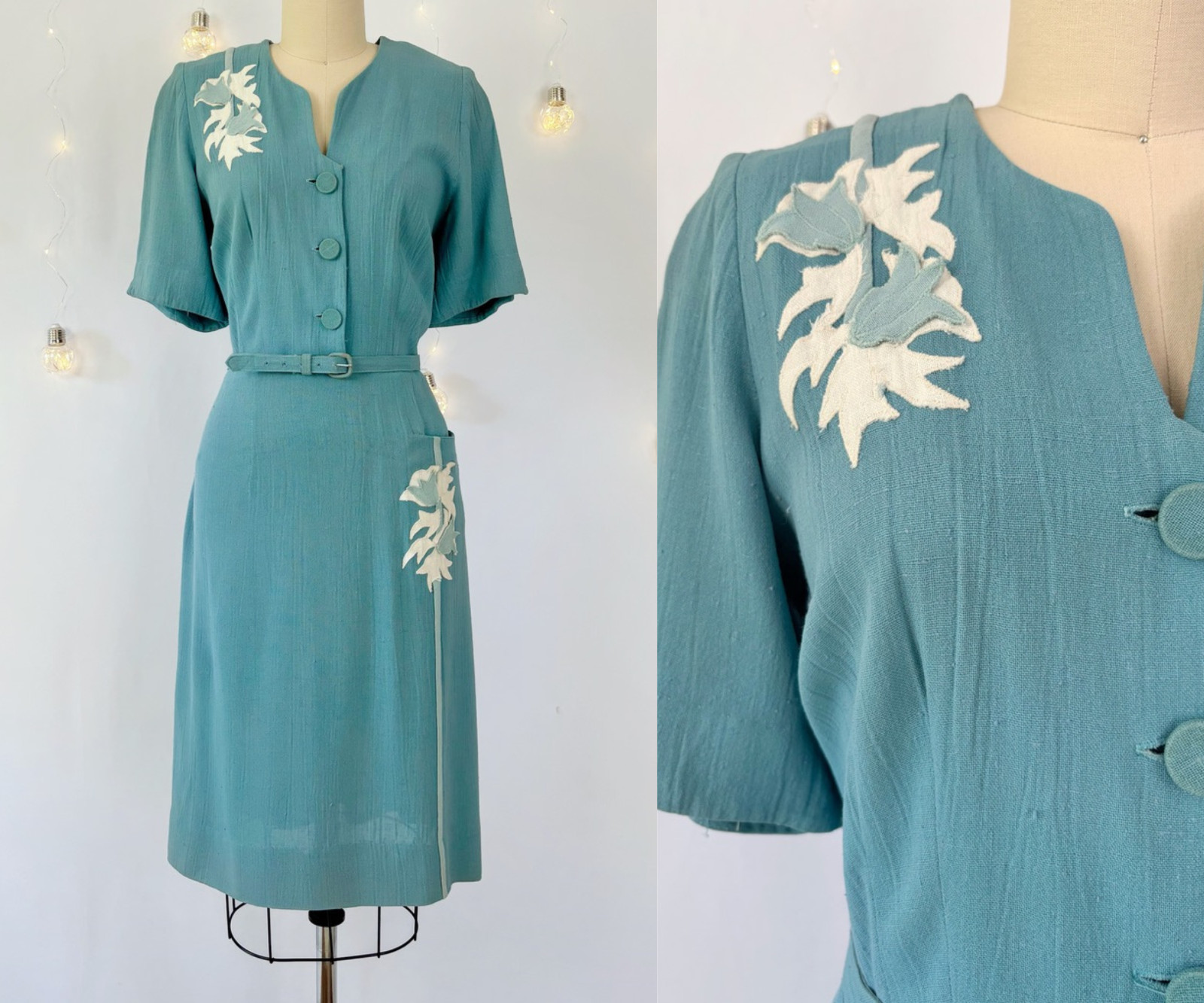 Vintage 1940s Teal Floral Day Dress & Belt 40s Rayon Shirtwaist Sheath- M