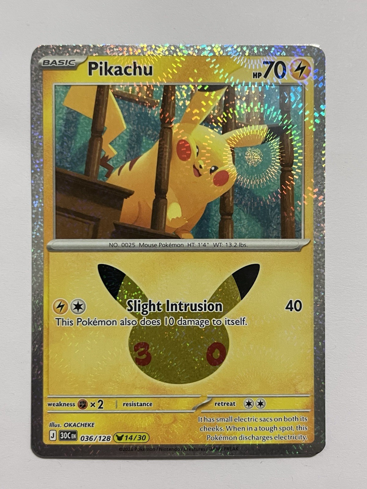 Pikachu 36/128 -  14/30 Pokémon 30th Celebration Holo NM