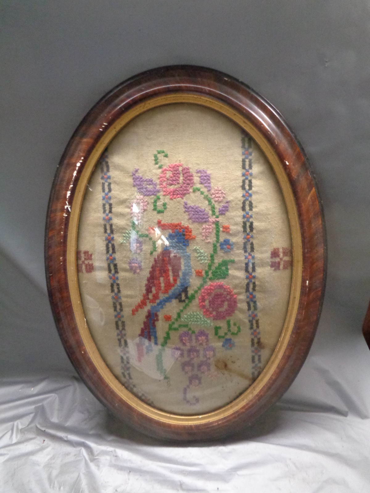 Antique Framed Needlepoint Floral With Bird 17\ Antique Framed Needlepoint Floral With Bird 17\