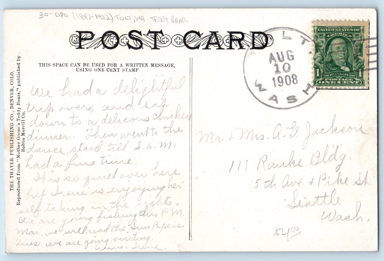 DPO (1883-1922) Tolt WA Postcard Anthropomorphic Teddy Bear Fred Cavally 1908 DPO (1883-1922) Tolt WA Postcard Anthropomorphic Teddy Bear Fred Cavally 1908