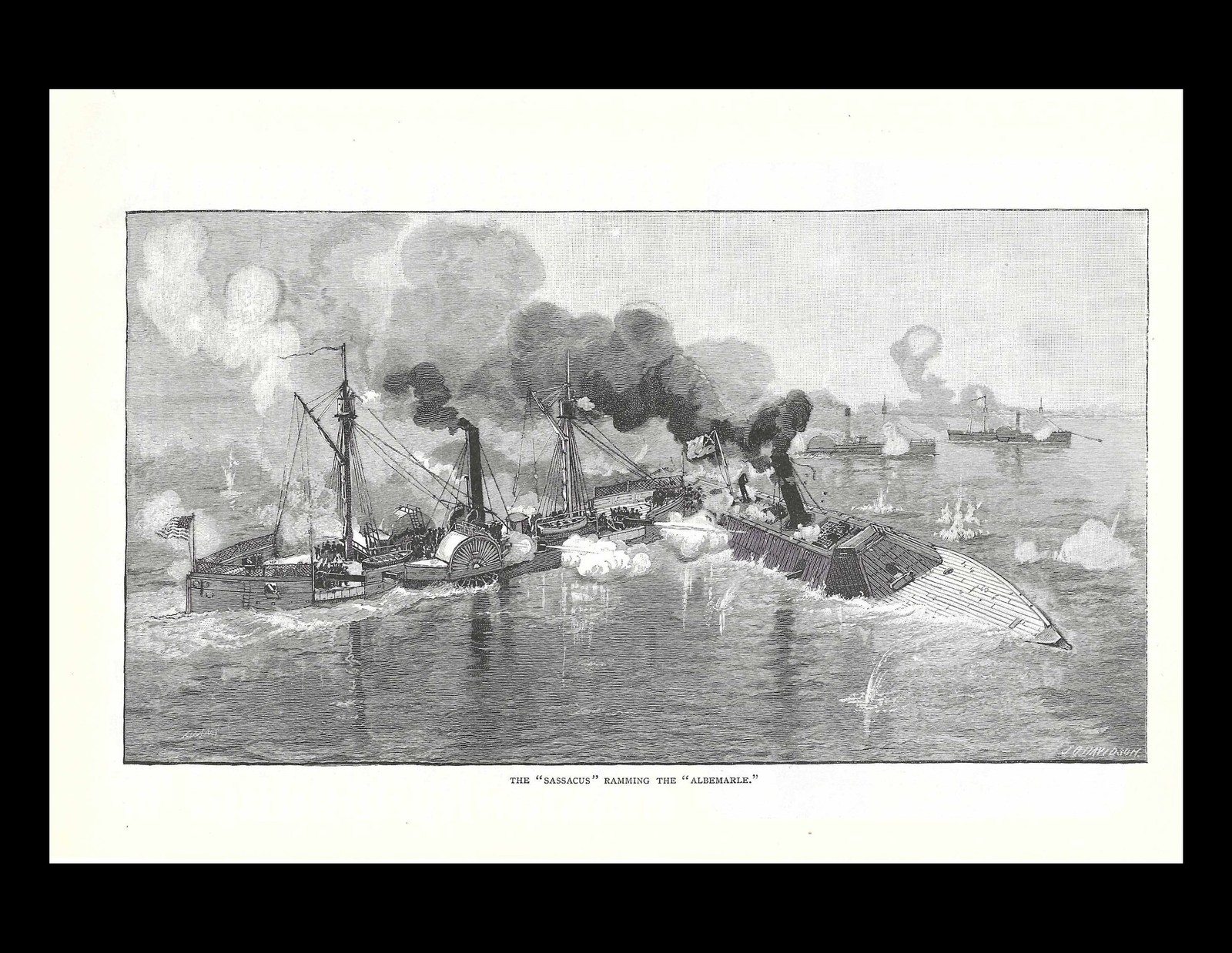 1888 E.J. Read USS Sassacus Ramming CSS Albemarle Civil War Wood Engraving 8x10