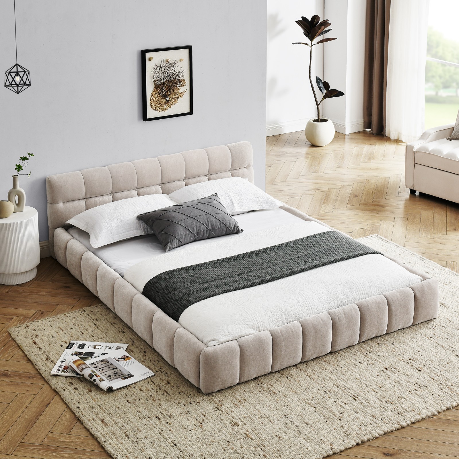 CHITA Modern Queen Size Upholstered Bed Frame w/Headboard, Thick Chenille Fabric