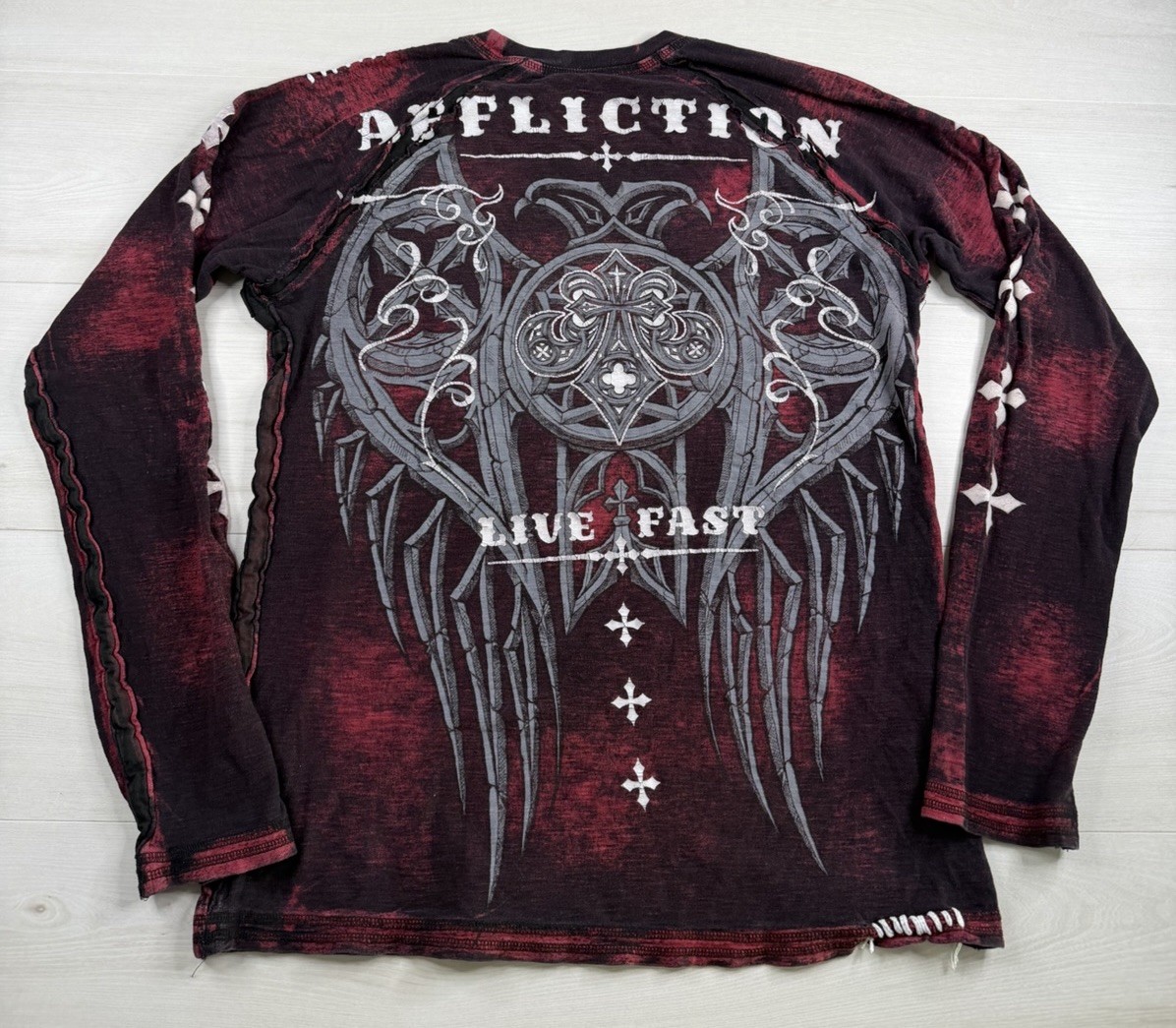 Affliction Long Sleeve Shirt Red Distressed Live Fast Cross Wings USA Made Men M Affliction Long Sleeve Shirt Red Distressed Live Fast Cross Wings USA Made Men M