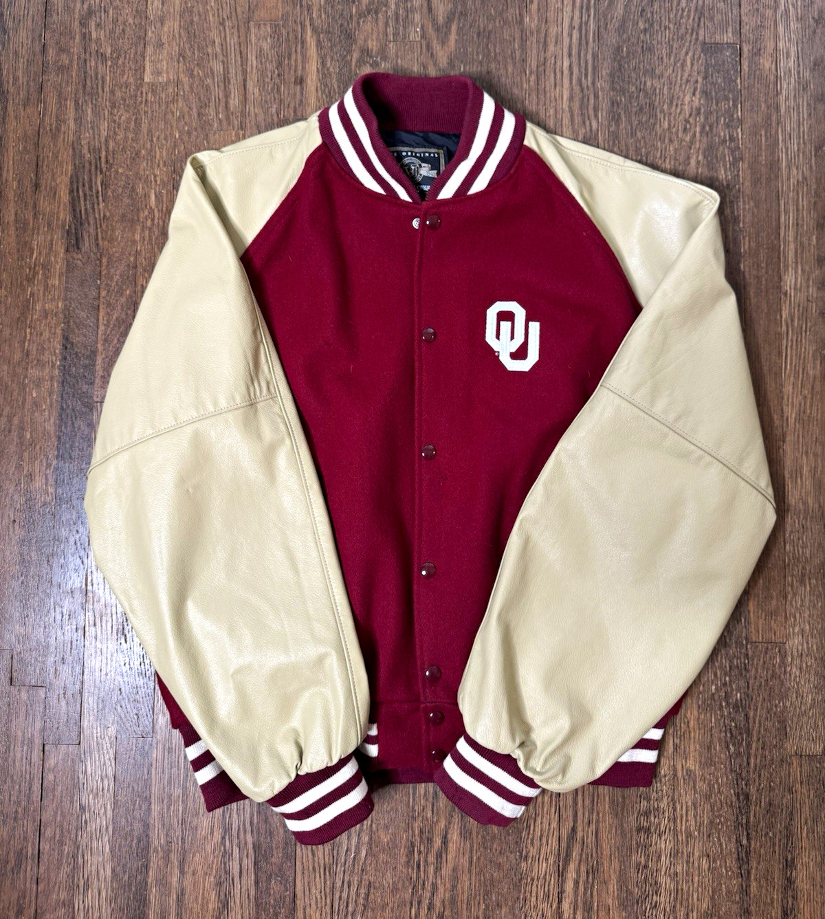 Vintage Holloway Oklahoma Sooners OU Varsity Jacket Snap Front Red/Beige Size XL Vintage Holloway Oklahoma Sooners OU Varsity Jacket Snap Front Red/Beige Size XL