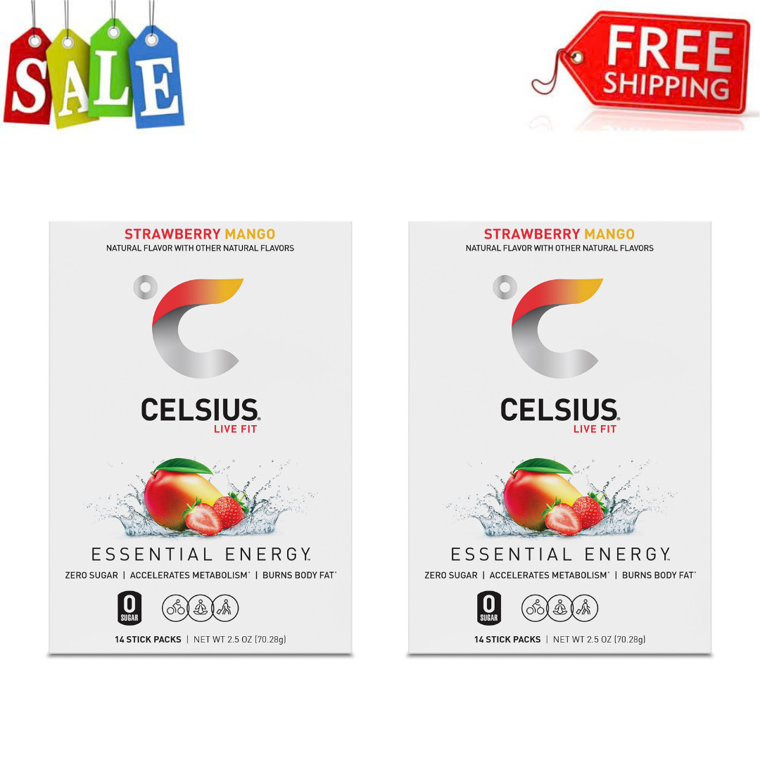 2PK CELSIUS On The Go Energy Drink Mix Strawberry Mango 14 Stick Pack Zero Sugar