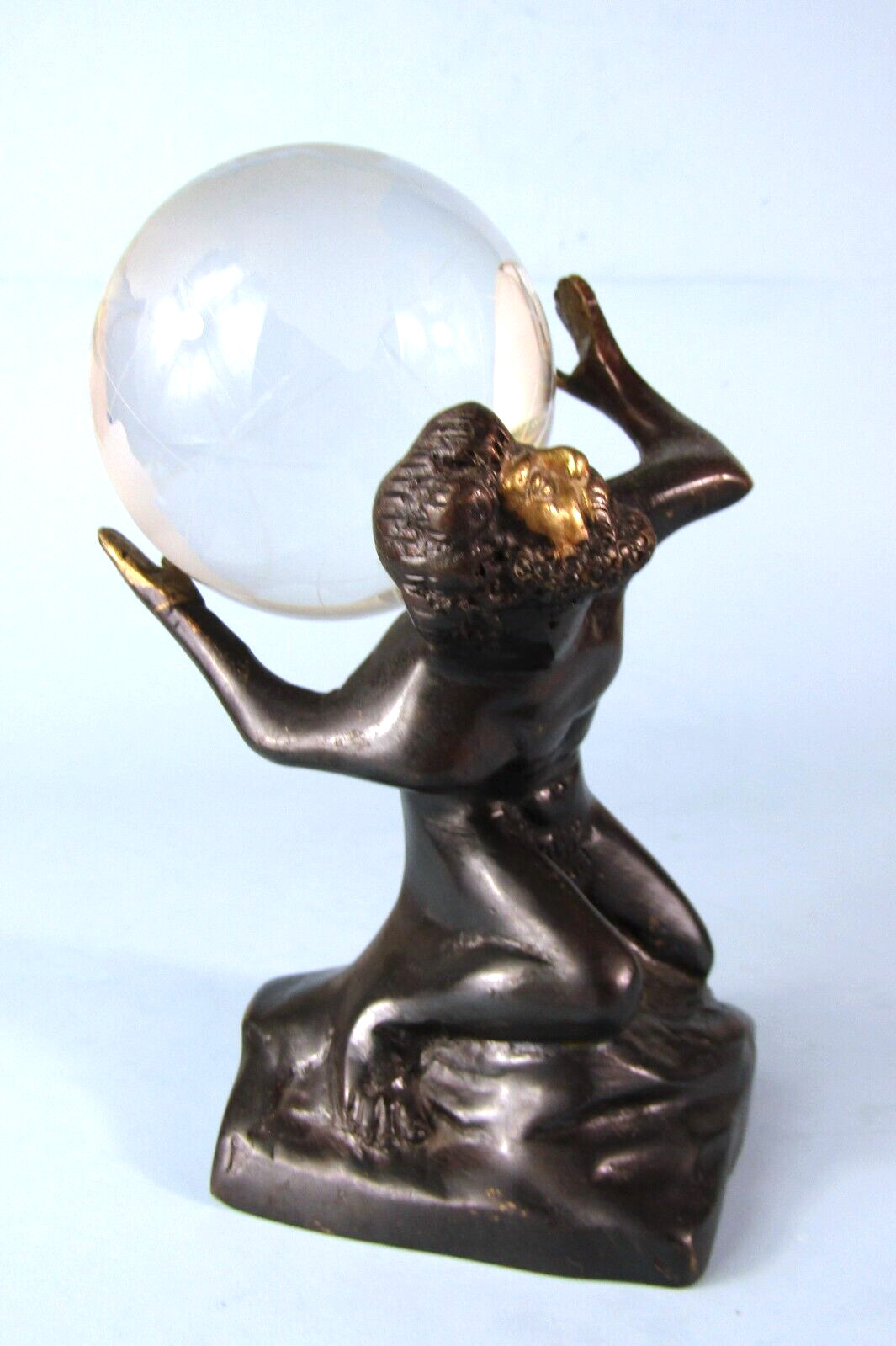 BRONZE ATLAS SCULPTURE FIGURINE HOLDING SOLID GLASS GLOBE ON SHOULDERS