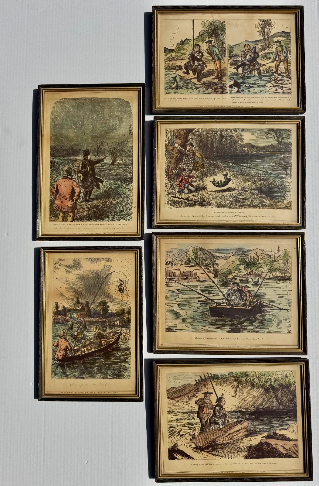 John Leech Mr Briggs Fishing Set 6 Antique Hand-Colored Prints Framed c1860
