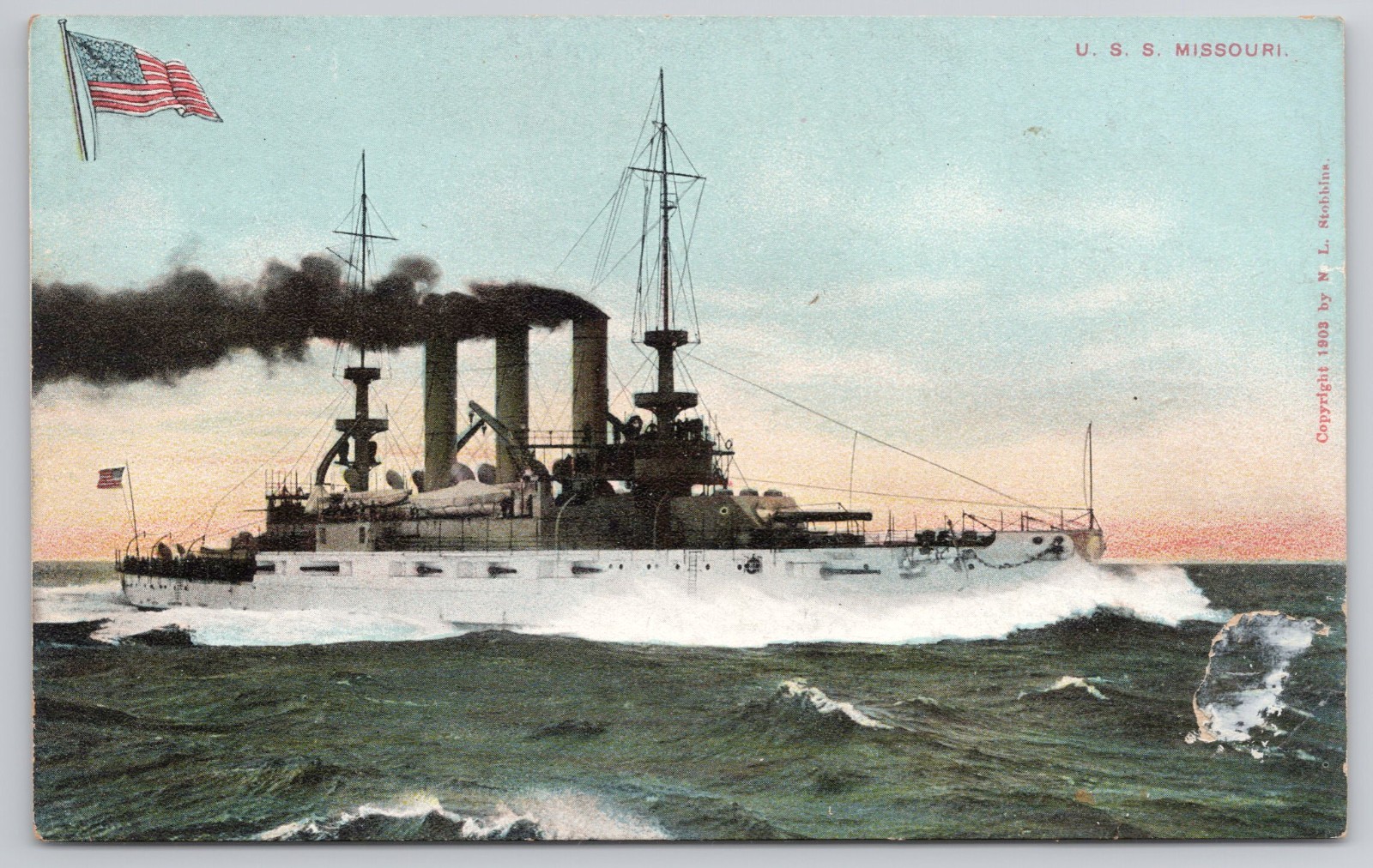 Vtg U.S.S. Missouri BB-11 Battleship Postcard Great White Fleet Era c1901-1907