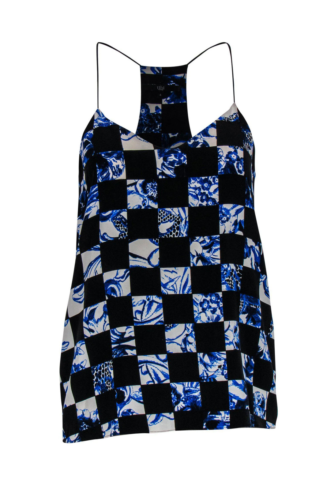 Tibi - Black & Blue Floral Checkerboard Silk Tank Sz 4