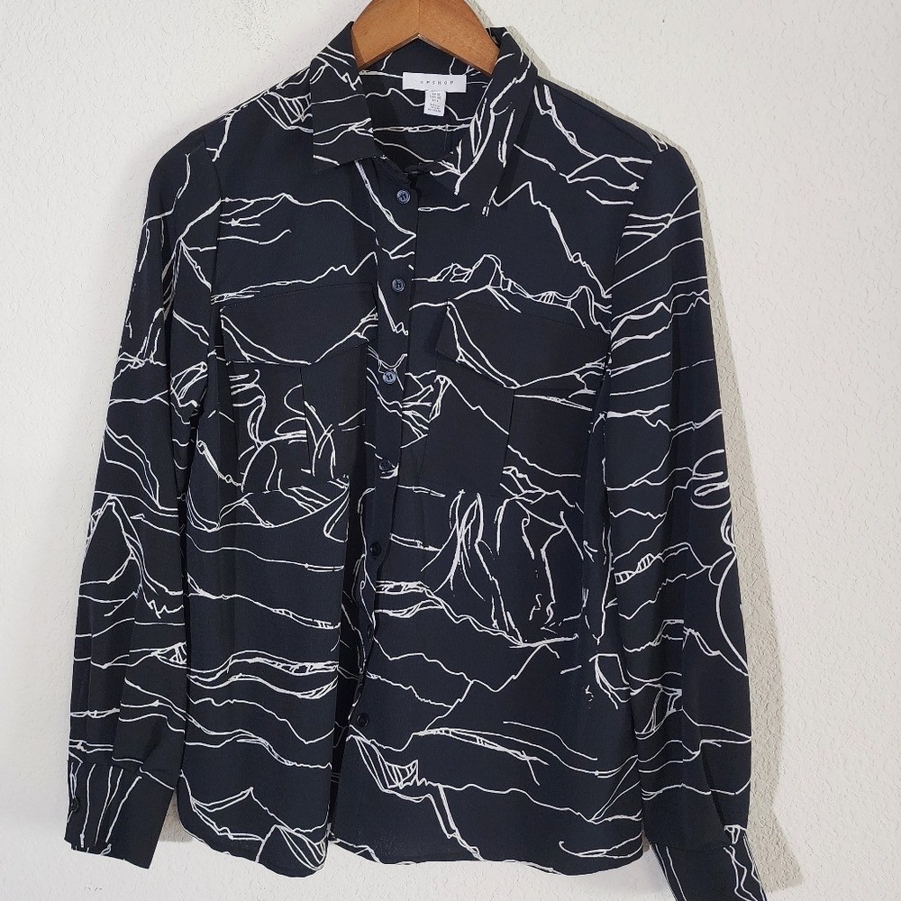 New Topshop Button Down Shirt Black Abstract Line Pattern Blouse Size 8 sku39