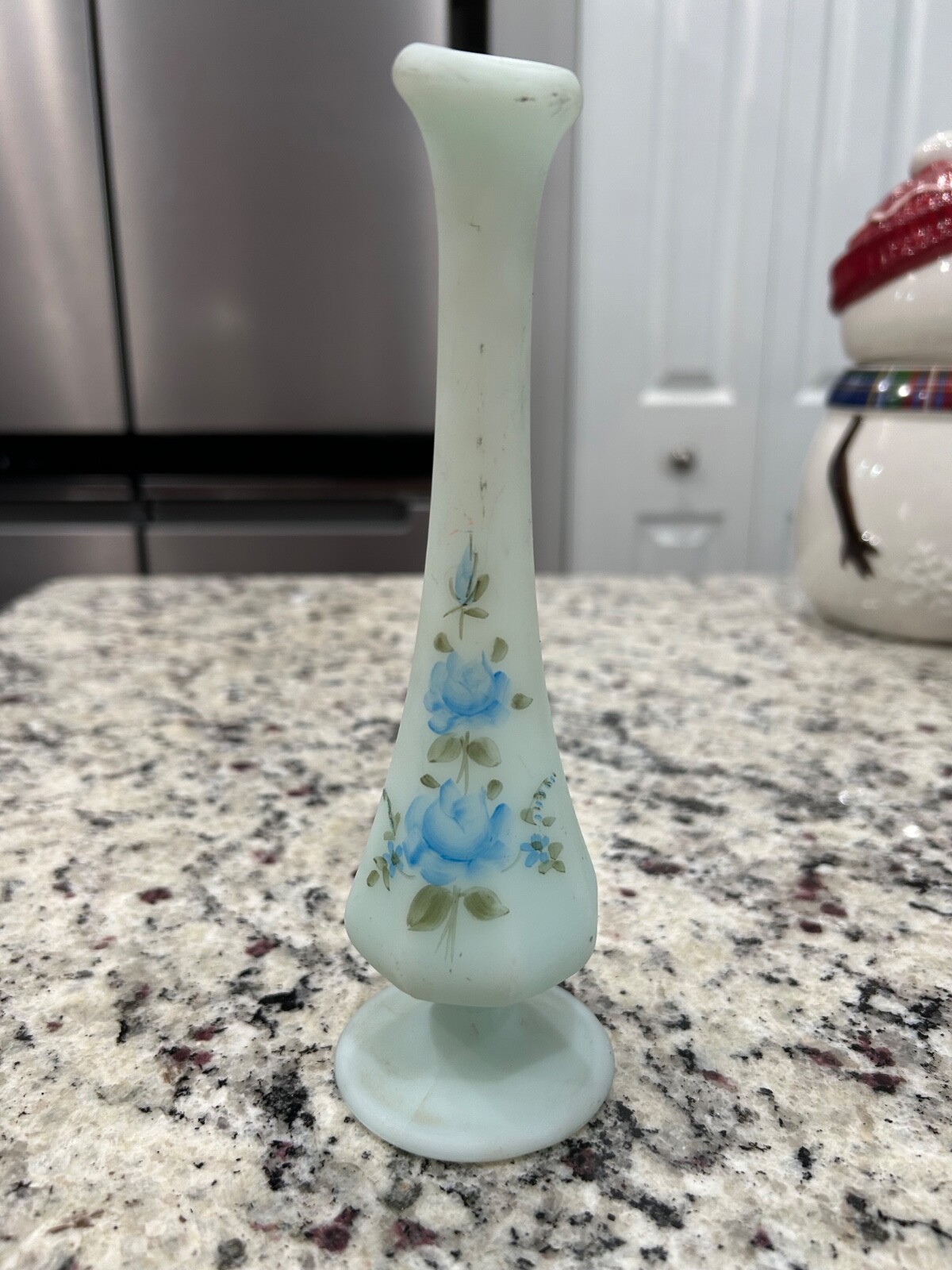 Vintage Fenton Satin Light Blue Hand Painted Bud Vase signed D Anderson 7”