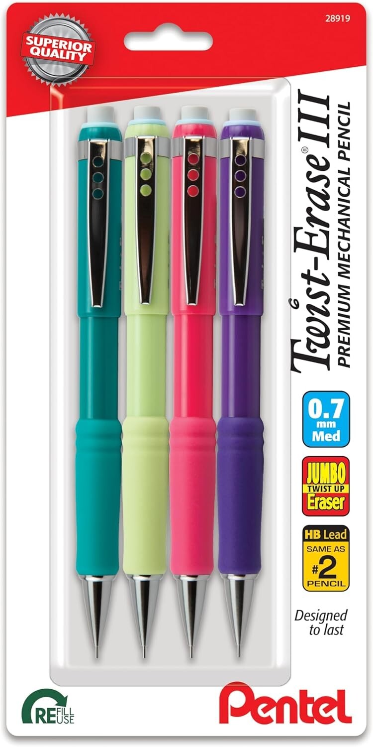 Pentel Twist-Erase III Mechanical Pencil, (0.7mm), Assorted Barrels, Pack of 4 Pentel Twist-Erase III Mechanical Pencil, (0.7mm), Assorted Barrels, Pack of 4