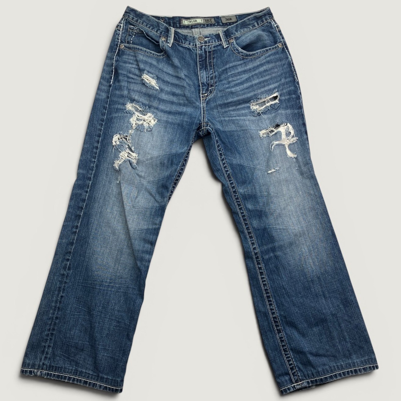 BKE Mens 36R (Fit 36x28) Tyler Bootcut Jeans Blue Distressed Heavy Wash ABM4216