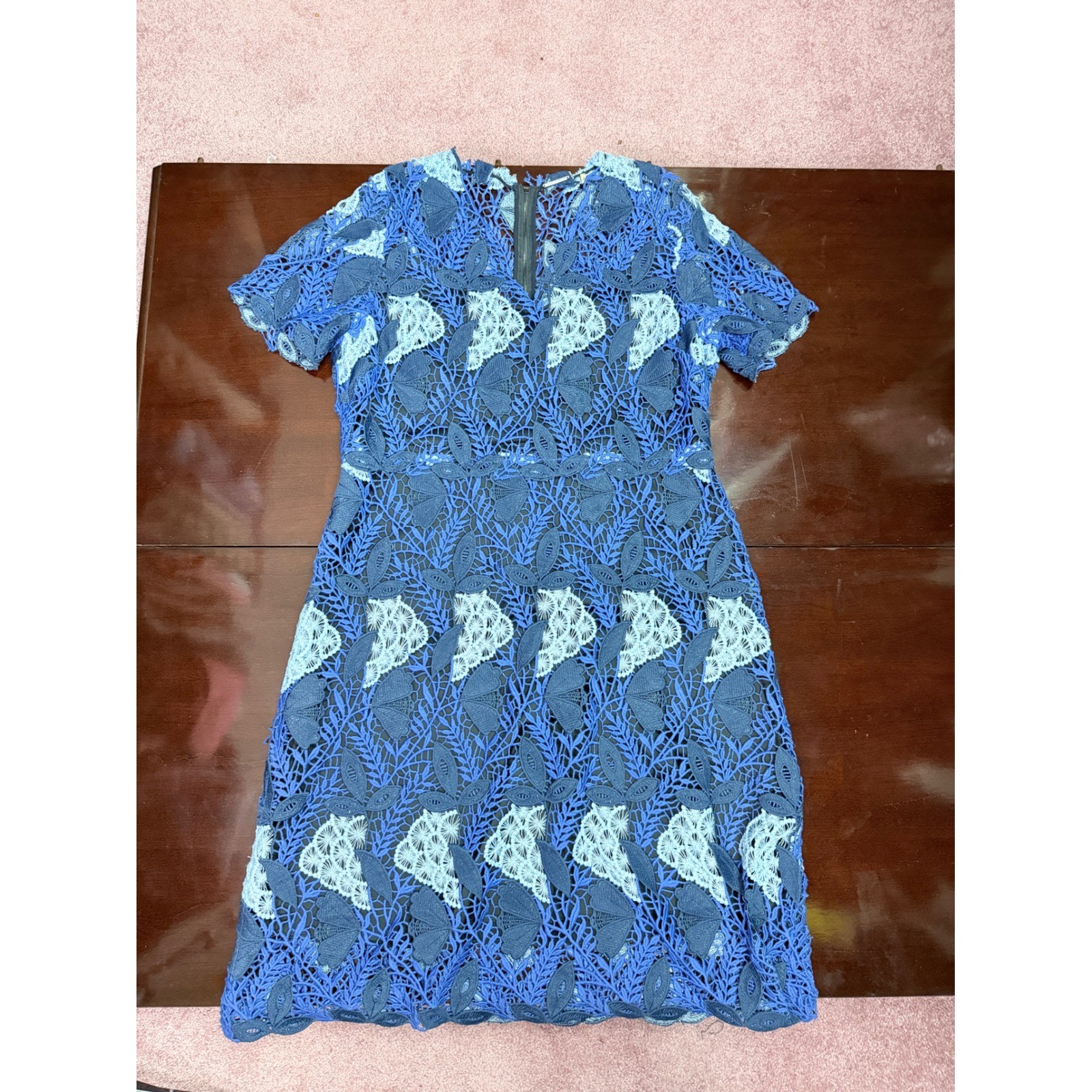 Elie Tahari Blue Floral Guipure Lace Short Sleeve Shift Dress Womens Size 16