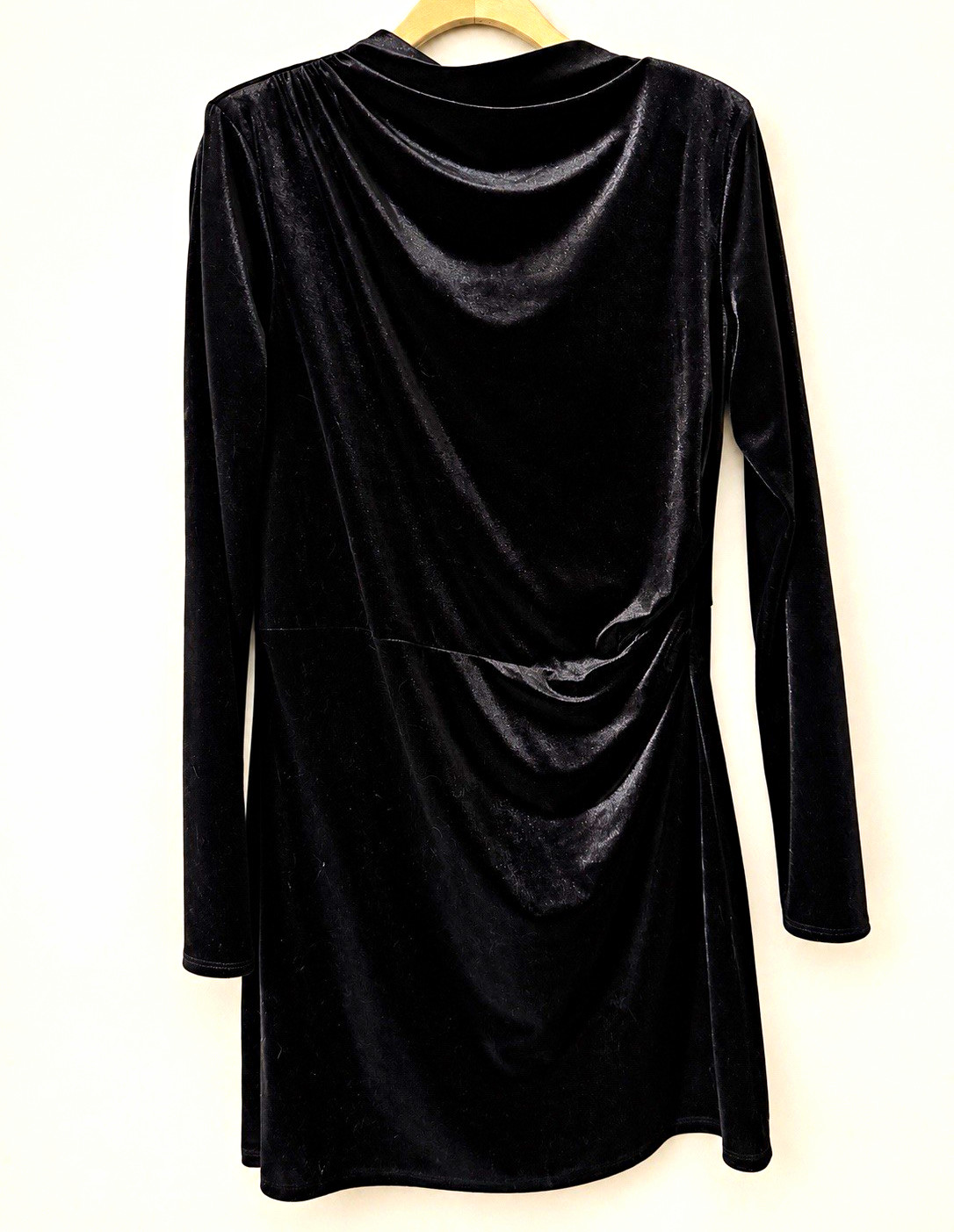 H&M Women’s Black Velvet Cowl Neck Ruched Draped Mini Dress Long Sleeve L