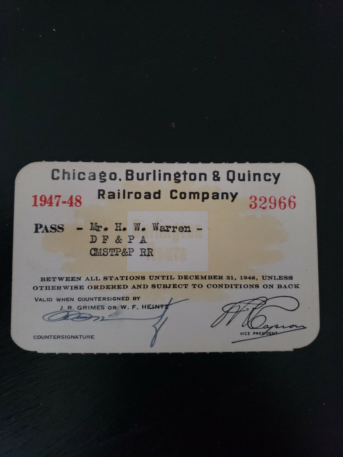 Vintage Rare 1947-48 Chicago Burlington & Quincy Railroad Railway Pass Ticket Vintage Rare 1947-48 Chicago Burlington & Quincy Railroad Railway Pass Ticket