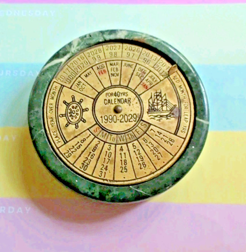 Perpetual Calendar Vintage Brass & Green Marble 40 Years 1990-2029 Nautical 📅