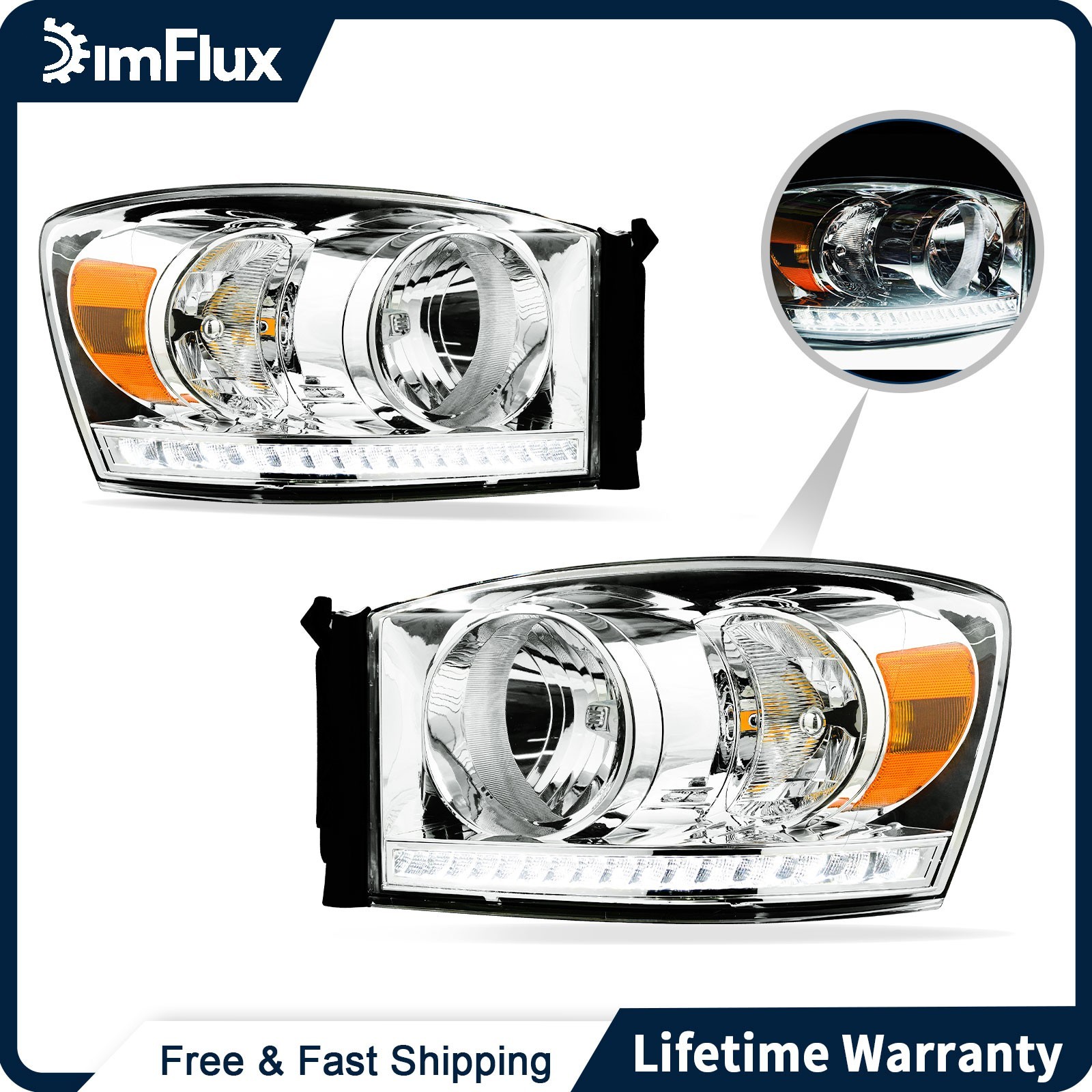 DimFlux LED DRL Headlights for 06-08 Dodge Ram 1500 2500 3500 Chrome Housing DimFlux LED DRL Headlights for 06-08 Dodge Ram 1500 2500 3500 Chrome Housing