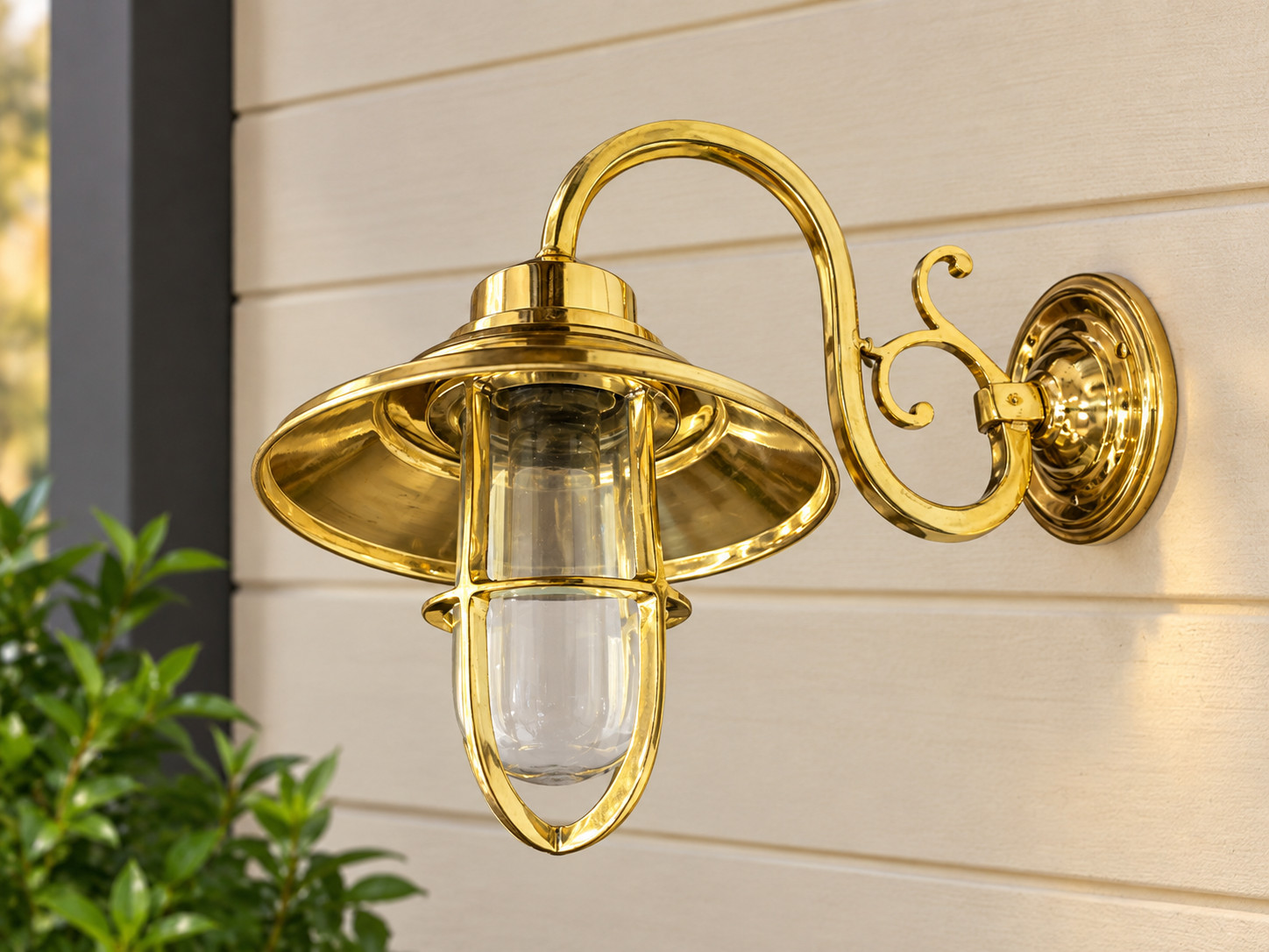 Vintage Style Solid Brass Outdoor Wall Light Flared Shade Scroll Arm Sconce
