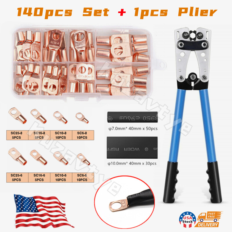 140/280Pcs Cable Lug Kit With Crimper Ring Terminal Copper Crimp Wire Connectors