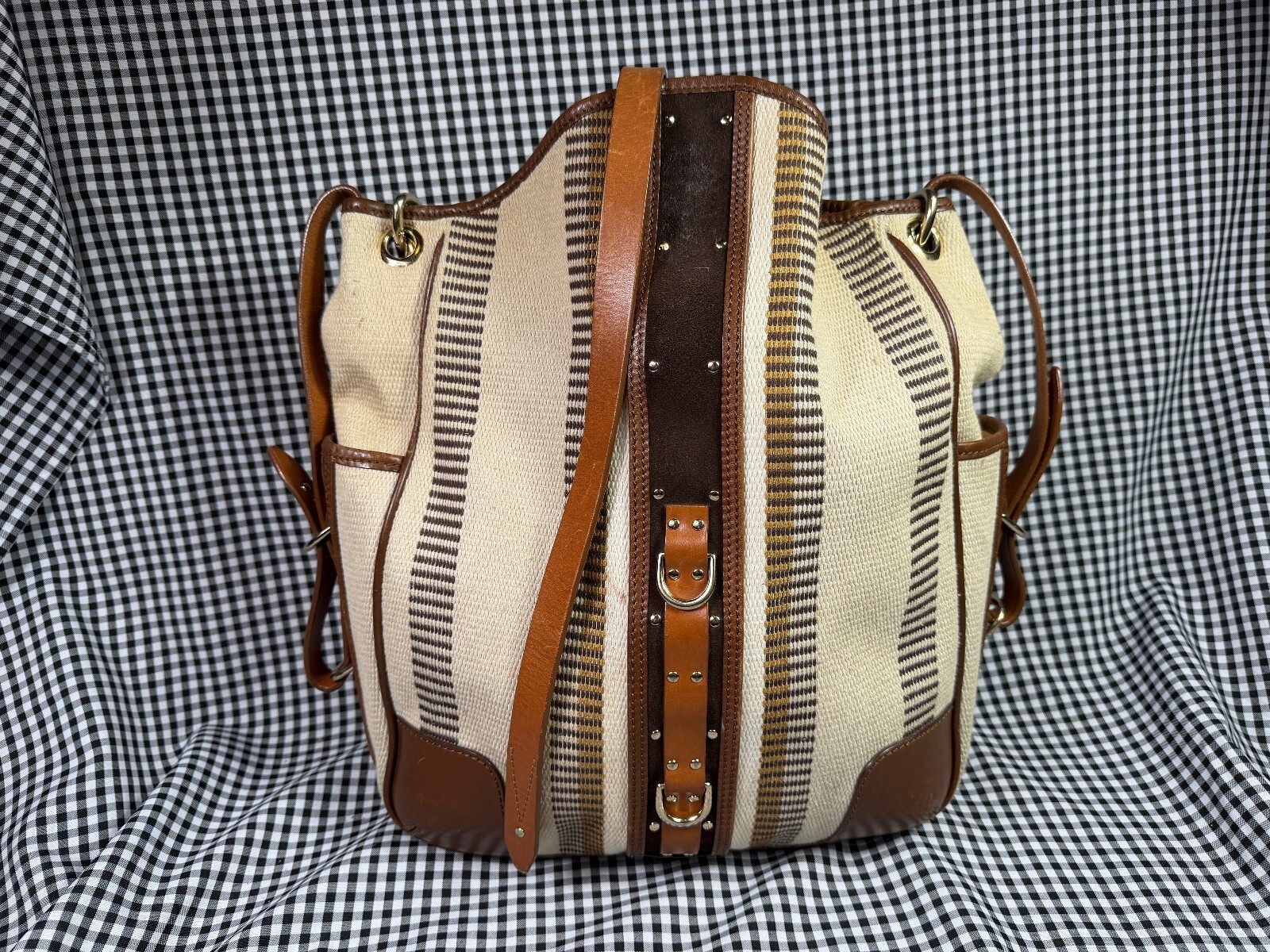 Belstaff England Canvas Leather Tote Bag Striped Brown Cream Shoulder Handbag Belstaff England Canvas Leather Tote Bag Striped Brown Cream Shoulder Handbag