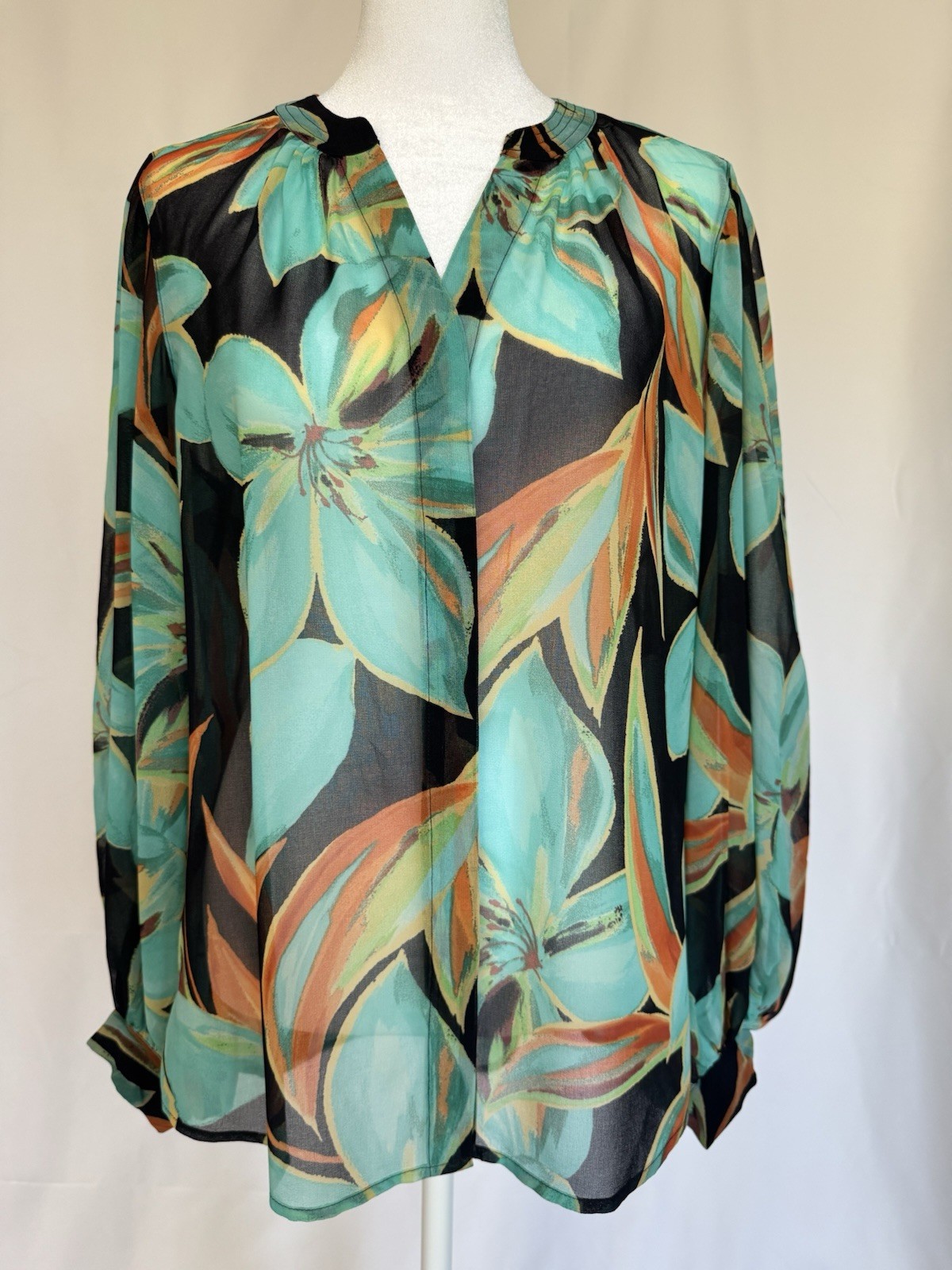 Chico\'s Floral Chiffon Blouse Multicolor V-Neck Balloon Sleeve Sz 0/0.5 Chico\'s Floral Chiffon Blouse Multicolor V-Neck Balloon Sleeve Sz 0/0.5