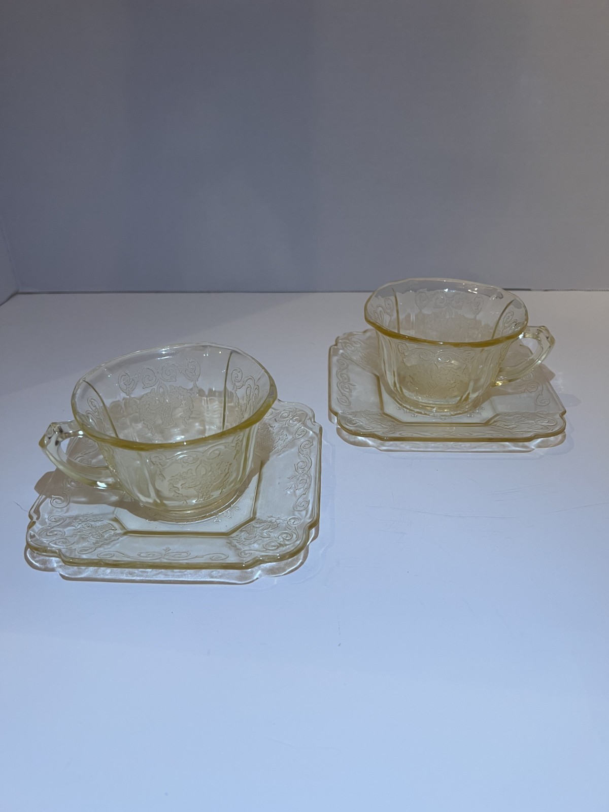 Vintage 1930's Yellow Depression Glass Cup and Saucer, Set of 2 Vintage 1930's Yellow Depression Glass Cup and Saucer, Set of 2