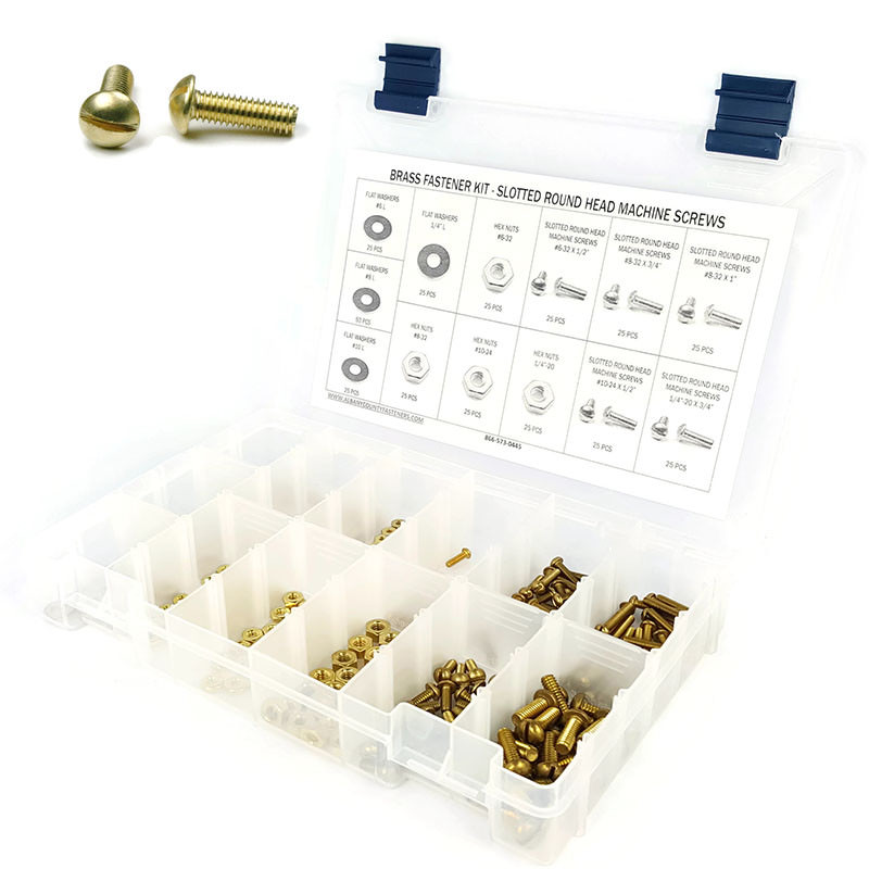Brass Slotted Round Head Machine Screw Kit w/ Nuts & Washers - #6-32 to 1/4