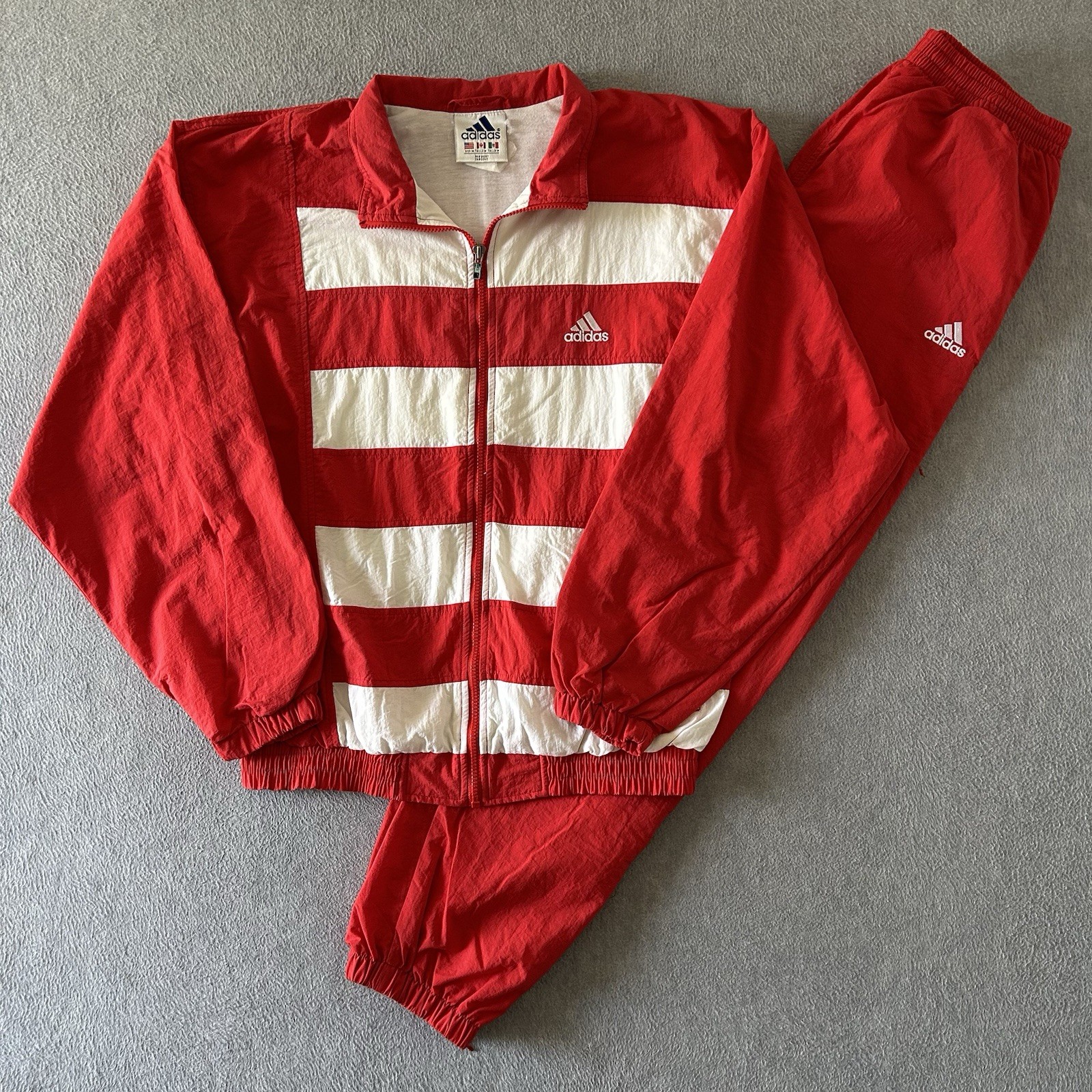 Vintage Adidas Striped Nylon Track Suit Pants Jacket Size M White Red 90s Rare Vintage Adidas Striped Nylon Track Suit Pants Jacket Size M White Red 90s Rare