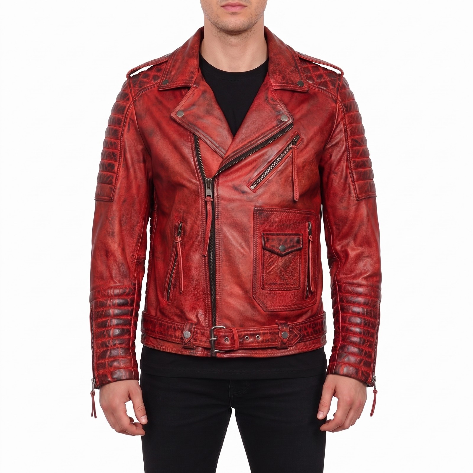 Men\'s Quilted Style Distressed Red Biker Real Leather Jacket
