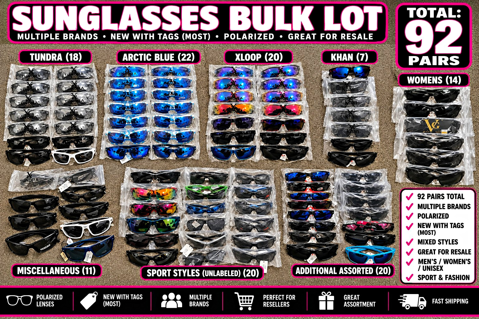 Sunglasses Bulk Lot 92 Pairs Polarized Assorted Styles Sports/Fashion