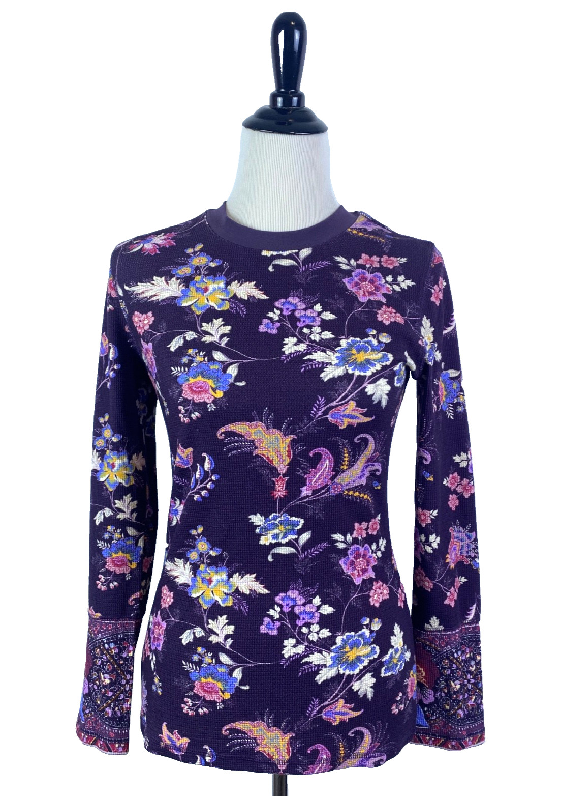 Sundance Top Womens M Purple Floral Thermal Waffle Knit Velvet Cuff Long Sleeve