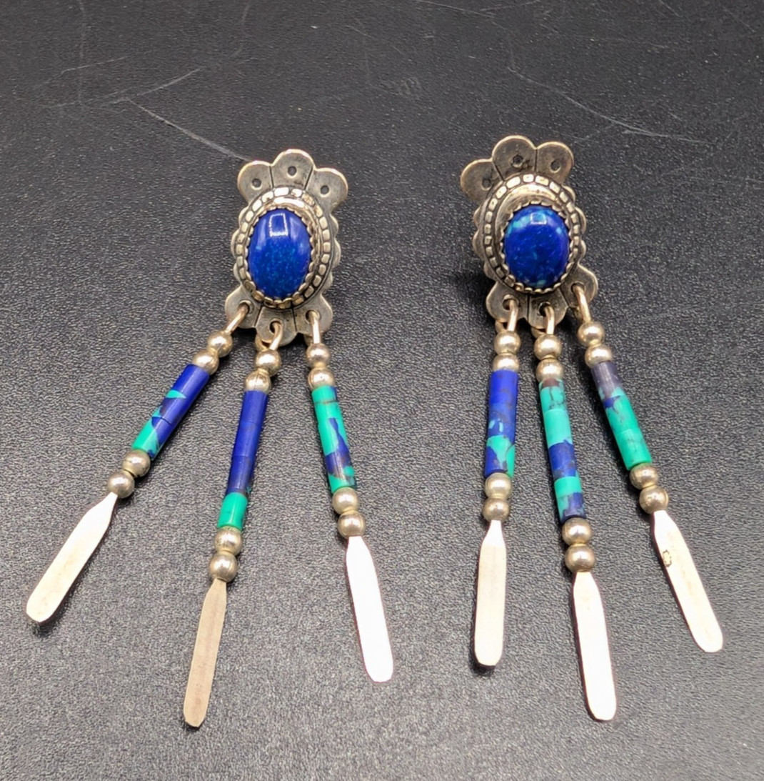 Vintage Southwestern Quoc Turquoise Inc Sterling Silver Azurite Drop Earrings