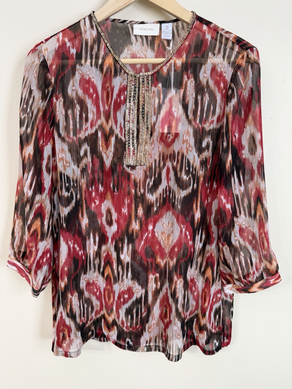 CHICOS Red/Brown Sheer Split Neck Beaded Tunic Blouse 3/4 Sleeve S(0) NWT Boho
