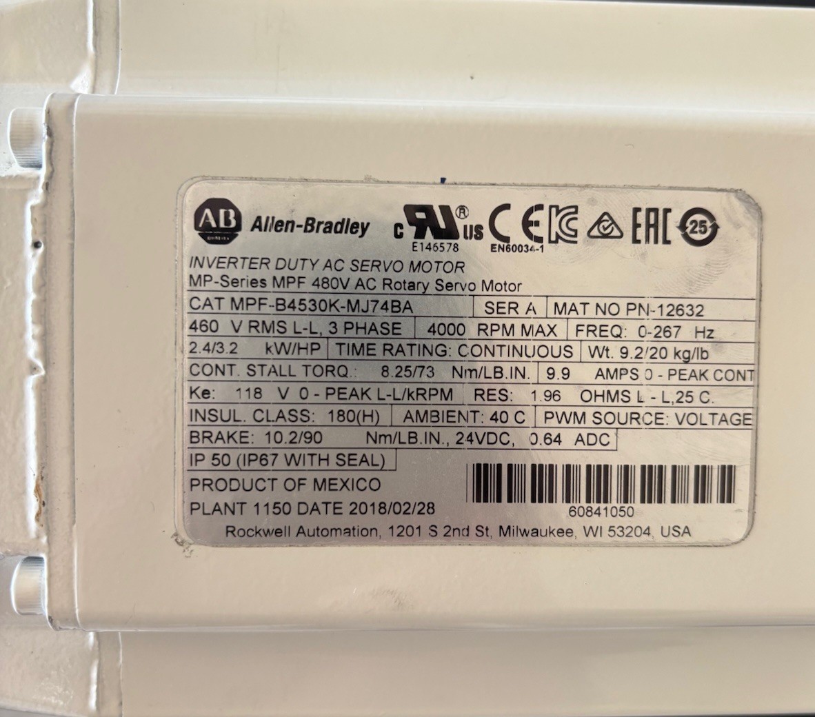 Allen Bradley USED MPF-B4530K-MJ74BA Servo Motor. MPFB4530KMJ74BA Allen Bradley USED MPF-B4530K-MJ74BA Servo Motor. MPFB4530KMJ74BA