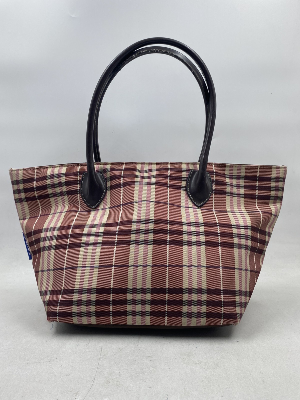 Burberry Blue Label Red Haymarket Check Canvas Handbag Tote Bag Leather Trim