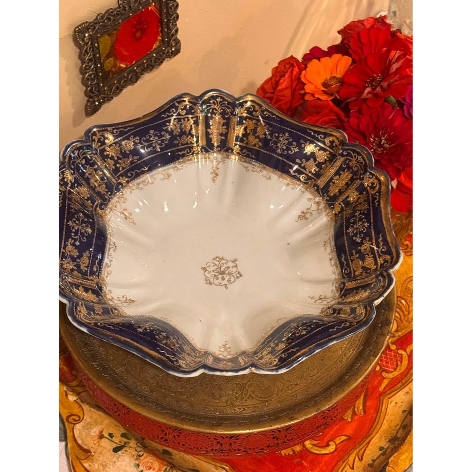 Antique Nippon Cobalt Blue & Gold Moriage Porcelain Serving Bowl