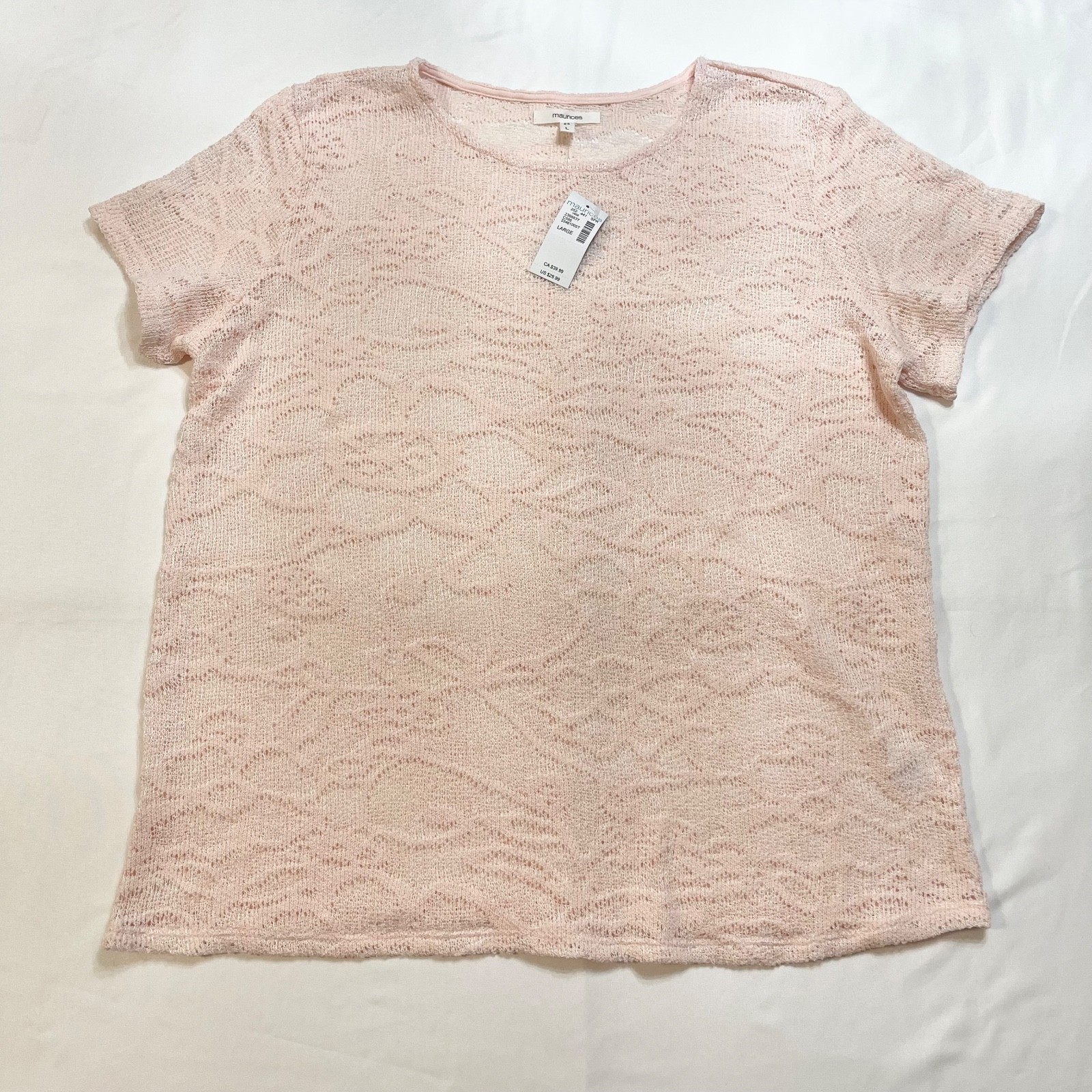 NWT Maurices Womens L Blush Pink Open Lace Short Sleeve Blouse/Top Sheer NWT Maurices Womens L Blush Pink Open Lace Short Sleeve Blouse/Top Sheer