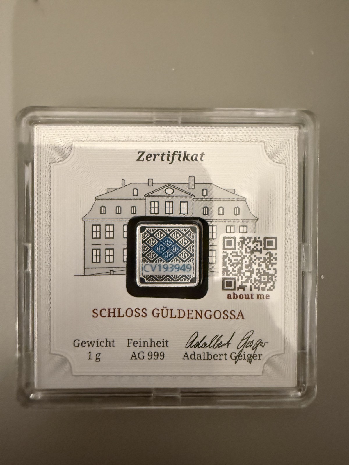 GEIGER EDELMETALLE SCHLOSS GÜLDENGOSSA 1 GRAM .999 SILVER BAR IN ASSAY