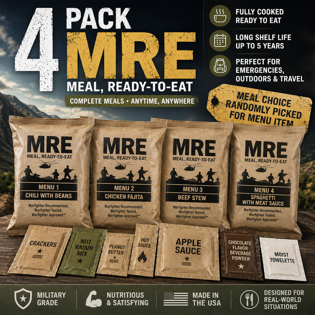 MRE 4 Pack Emergency Meals - Ready To Eat Survival Food, USA Made Military Meal