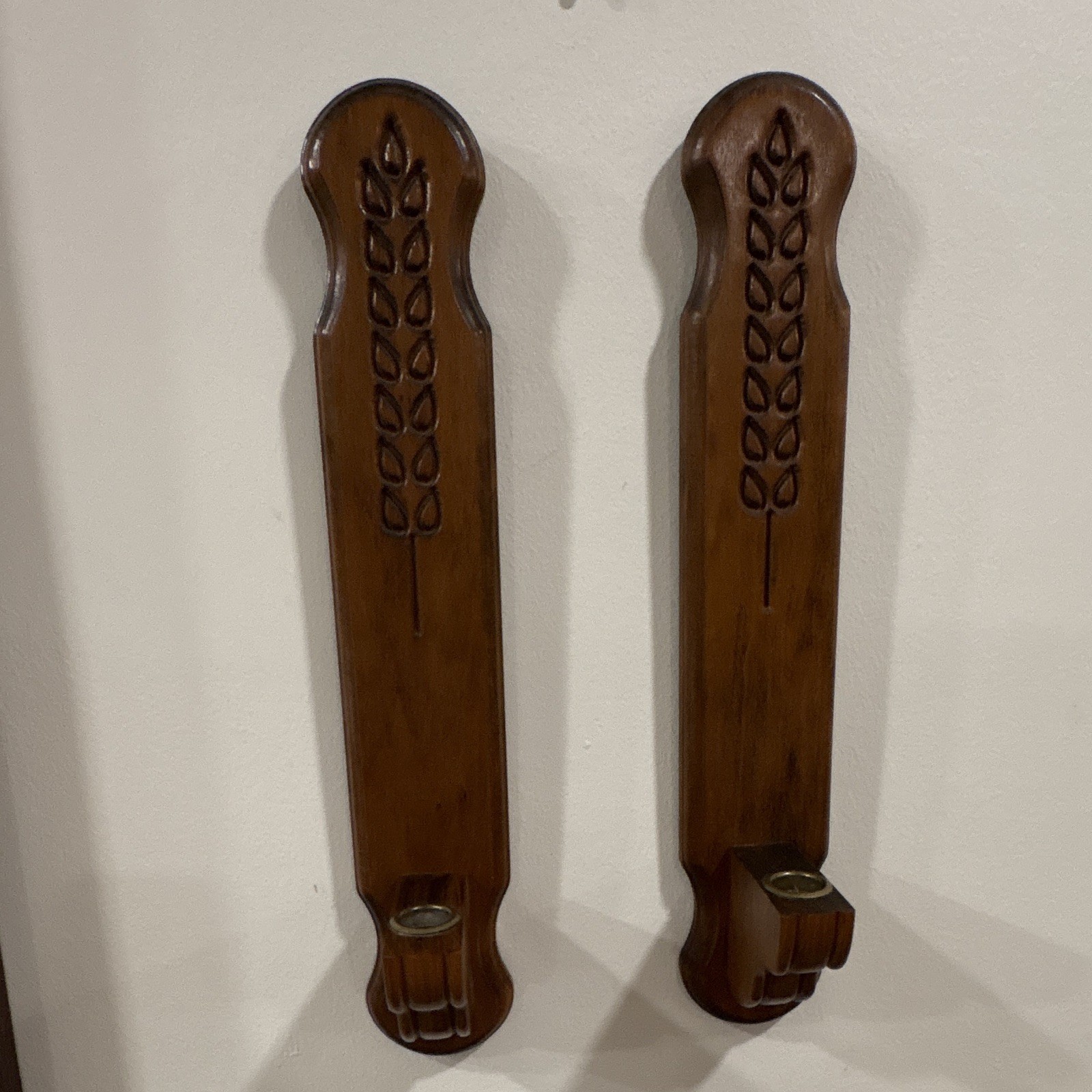 Vintage Pair Of Wood Sconces / Candle Holders, Etched Wheat Grain Design, 1970’s